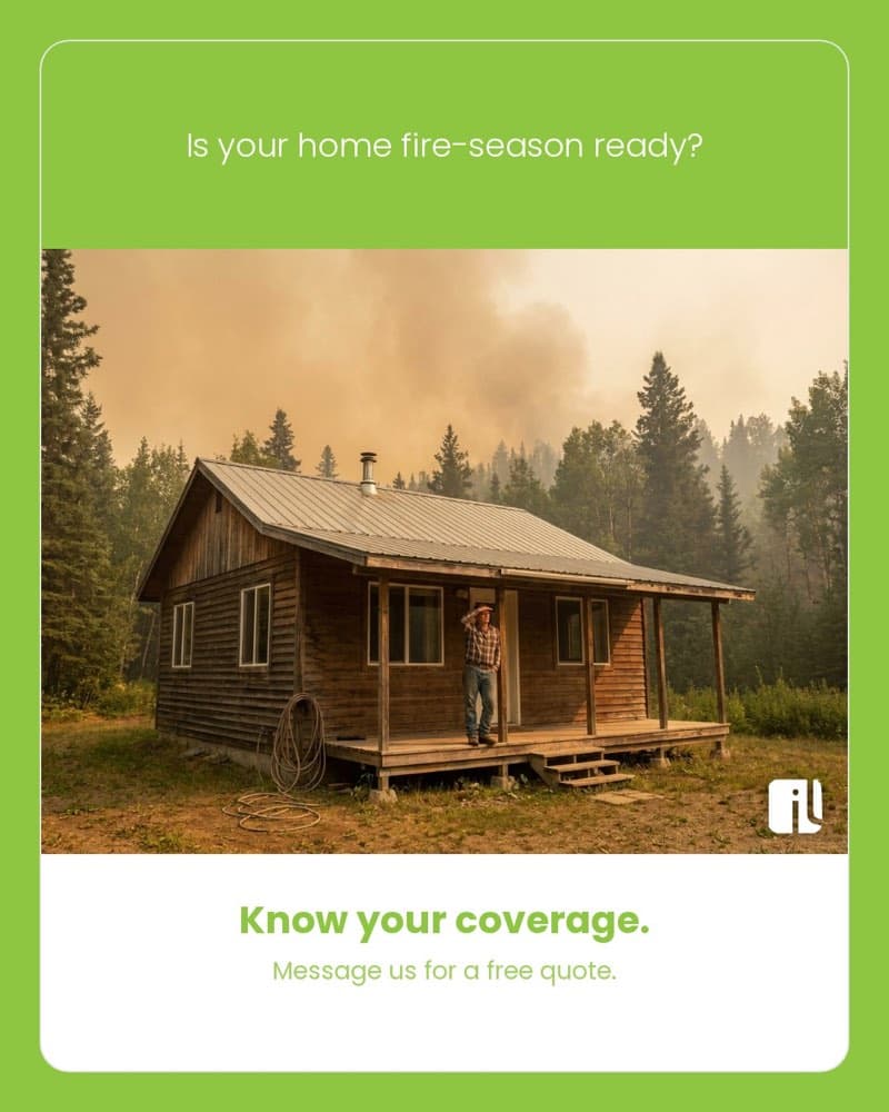 Generated fire-season home-insurance ad — “Is your home fire-season ready? Know your coverage. Message us for a free quote.”